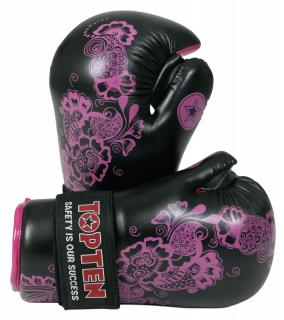 Manusi kickbox , œFlowers,   pentru femei, omologat WAKO - negru-roz, marime S