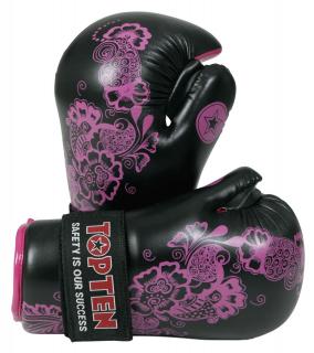 Manusi kickbox , œFlowers,   pentru femei, omologat WAKO - negru-roz, marimea L