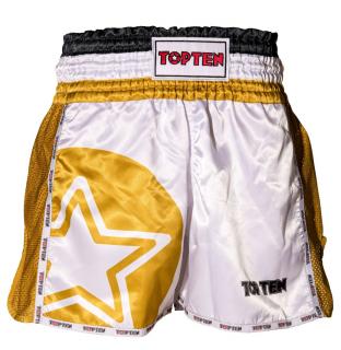 Pantaloni scurti Thaibox, Top Ten, model   Star  , aprobat WAKO, Alb Gold, marime S
