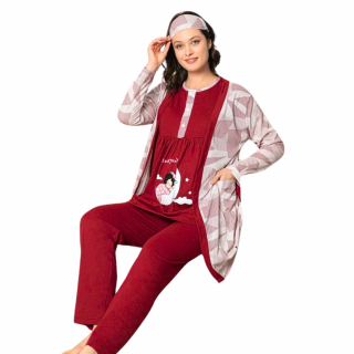 Compleu maternitate, 4 piese, Pijama+ Halat gravide, Baby, Cherry, maneca lunga