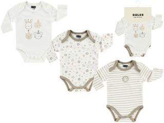 Body cu maneca lunga, 3 buc set, bumbac 100%, unisex, Alb Bej animalute