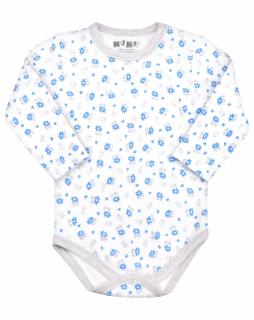 Body cu maneca lunga, bumbac 100%, Alb Floricele bleu