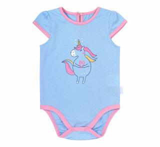 Body cu maneca scurta, bumbac 100%, fete, Albastru Unicorn