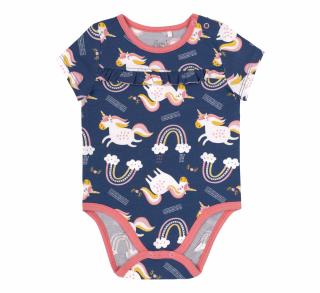 Body cu maneca scurta, bumbac 100%, fete, Bleumarin Unicorni