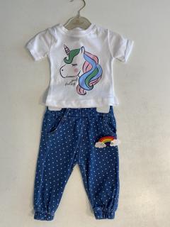 Compleu; tricou cu maneca scurta si blugi lungi, Alb unicorn Albastru