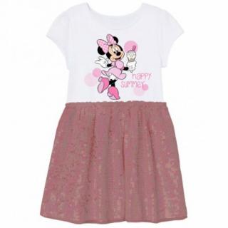 Rochie vara cu maneca scurta, Minnie Mouse, Alb Roz paiete