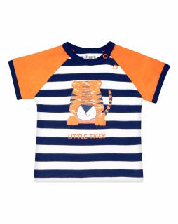 Tricou cu maneca scurta, bumbac organic 100%, baieti, albastru portocaliu dungi, LITTLE TIGER