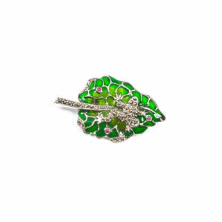 Brosa Frunza si Broscuta din Argint cu Email, Marcasite si Spinel