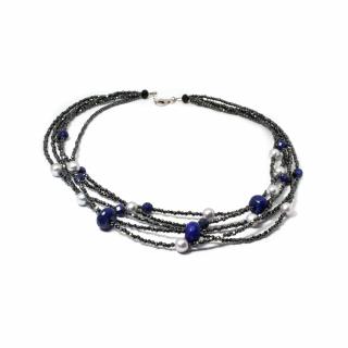 Colier   Shining star   din Hematit, Perle Gri si Lapis Lazuli cu Argint