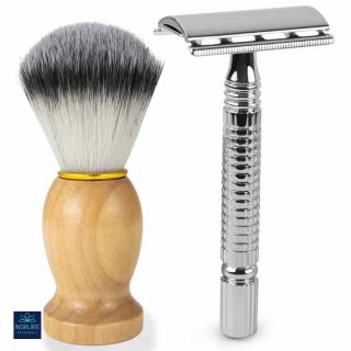 Set pentru barbierit din aparat de ras clasic Safety razor si pamatuf cu maner din lemn