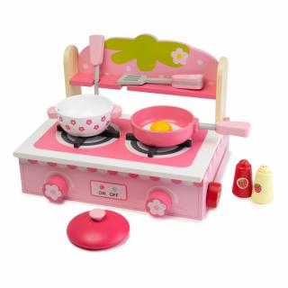 Mini Set de Bucatarie din Lemn cu Floricele - 10 Piese Montessori