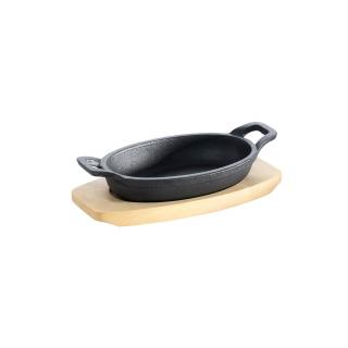 Tava ovala din fonta cu suport de lemn pentru servire 21 x 15,5 cm 0,75 litri ALL GRILL 9705