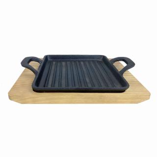 Tigaie grill din fonta cu suport de lemn pentru servire 19,5 x 14 cm ALL GRILL 9713
