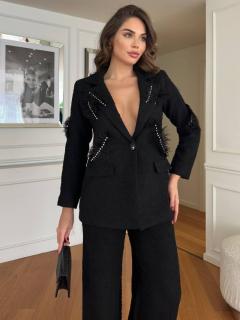 Costum elegant din 2 Piese, Negru, accesorizat cu strasuri cu puf