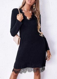 Rochie neagra, midi, model striat, accesorizat cu dantela