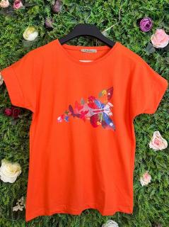 Tricou Orange din Bumbac cu Fluturi Multicolori