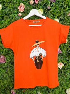 Tricou Orange din Bumbac Dama cu Palarie