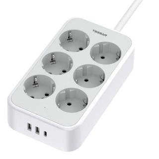 Prelungitor Tessan TS-PS02DE, 6 prize, 2 X USB-A, 1X USB-C, incarcare rapida 25W