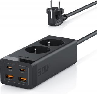 Prelungitor Tessan , ZTS-FS01DE, 2X USB-C, 2x USB, 2 prize, incarcare rapida USB-C, 30W, 2m, negru