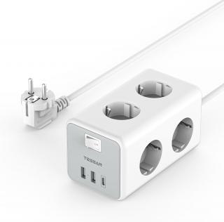 Prelungitor tip cub Tessan TS-306-C, 6 prize, 2 USB, 1 USB-C, 3A, cablu 2m