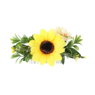 Accesoriu Elegant Pentru Par, CRM, Pieptene Decorativ cu Flori, Galben si Verde, 17 cm