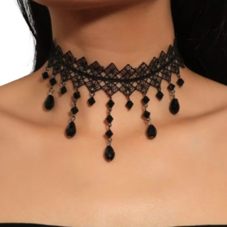 Choker Dantelat, Model Deosebit, CRM, Negru, Textil