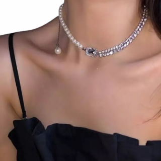 Choker Femei, CRM, Strass si Perle, Argintiu