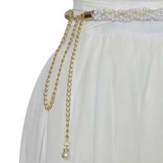 Curea Decorativa pentru Femei, Impletita, CRM, cu Prelungire Lant Auriu, 110 cm
