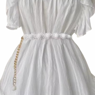 Curea eleganta MyPearl, CRM, cu prelungire cu lant auriu, alb, 105 cm