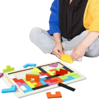 Joc creativ pentru copii - Tangram, Puzzle pt. dezvoltarea inteligentei, CRM, din lemn, cu 40 piese, multicolor