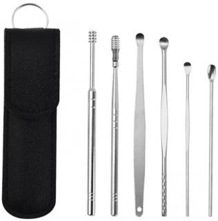 Kit pentru curatatea urechilor, teaca din piele si 6 piese din metal medicinal, EVNC, Manual Ear Pick