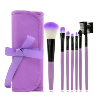 Set 7 Accesorii Machiaj, CRM, Premium Brushes, din Fibre Sintetice, cu Husa Mov