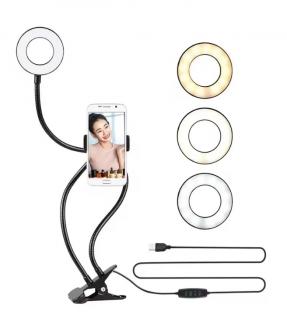 Suport de telefon cu inel luminos atasat, EVNC, Live Stream Fill light, brate flexibile, 3 trepte de lumina