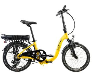 Bicicleta electrica pliabila 20   DEVRON 20122, cadru aluminiu, manete secventiale, frane v-bRAKE, 7 viteze, galben