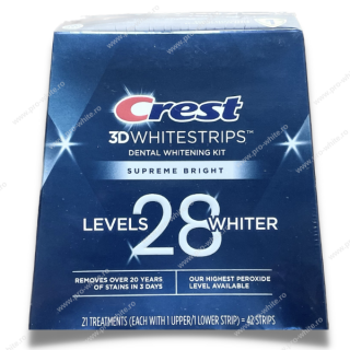 Crest 3D Whitestrips Supreme Bright, 16% concentratie, 21 zile, 42 benzi albire, nivel albire 24, aplicare 60 min, benzi crest