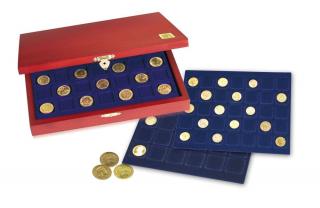 Cutie din lemn pentru monede, Elegance, cu 3 tavi in catifea albastra pentru 90 monede de pana la 32.5 mm