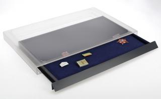 Cutie monede sertar in etui acrilic cu tava in catifea albastra pentru medalii militare insigne de rever pini decoratiuni - Nova-Big