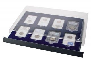 Cutie monede sertar in etui acrilic cu tava in catifea albastra pentru monede in capsule coin slabs NCG PCGS - Nova-Big