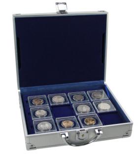Valiza argintie cu 6 tavi pentru monede in capsule patrate quadrum