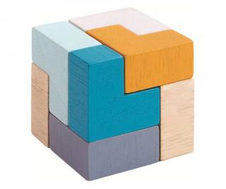 IQ puzzle 3D - Cub din lemn, multicolor, cutie metalica 9 piese