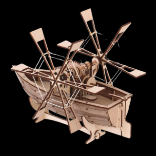 Puzzle 3D, mecanic, din lemn, Barca cu pedale - Da Vinci, 85 piese
