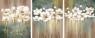 Set 3 picturi pe numere, cu sasiu, Flori albe, 50x120 cm