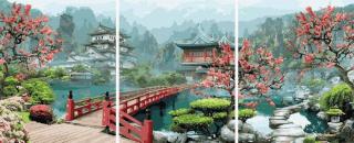 Set 3 picturi pe numere, cu sasiu, Gradina japoneza, 50x120 cm
