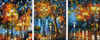 Set 3 picturi pe numere, cu sasiu, Plimbare noaptea in parc - Leonid Afremov, 50 x 120 cm