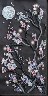 Set broderie cu margele cusute, Sakura noaptea, 12 culori, 20x41 cm