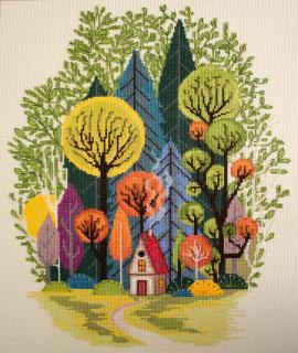 Set broderie in cruciulita, Coliba din padure, 32x41 cm