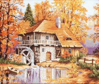Set de brodat in cruciulita, Peisaj de toamna, 37x26 cm