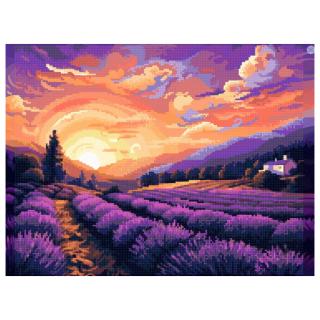 Set goblen cu diamante, cu sasiu, Apus peste camp de lavanda, 30x40 cm