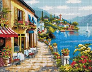 Set goblen cu diamante, cu sasiu, Cafenea pe faleza, 40x50 cm