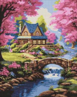 Set goblen cu diamante, cu sasiu, Casa inconjurata de flori, 40x50 cm